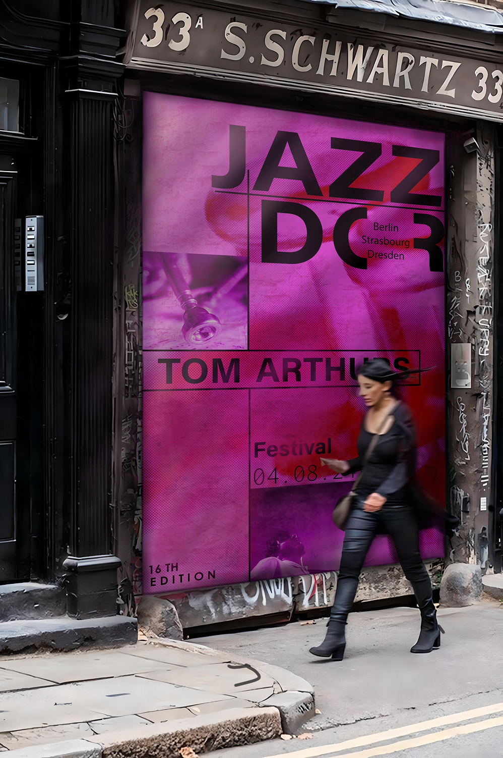 Woman walking past a vibrant pink poster for Jazzdor Music Festival
