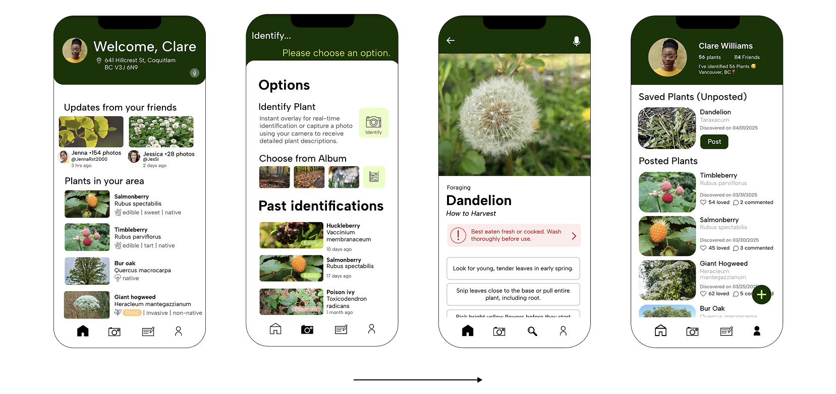 Mobile UI from home screen to saved plants in profile page